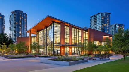 Obraz premium Modern architectural building with large glass windows surrounded by urban greenery