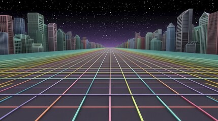 Night view, metropolis skyline, augmented reality digital elements Cyberpunk aesthetic, glowing grids - virtual skyscraper design electric