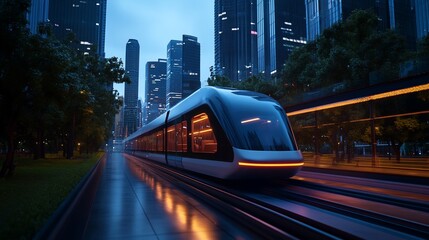Futuristic cityscape with rapid transit system at twilight, blending modernity with nature