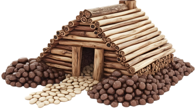 3D Illustrated Wooden Log Cabin Isolated Background, Transparent Background, Wooden House, Structure, Brown, Beige, Stones