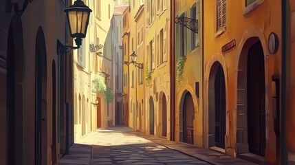 Sunlight-drenched European alleyway