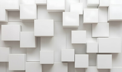 Clean, modern design featuring scattered white cubes of various sizes on a white background, creating an abstract, geometric pattern