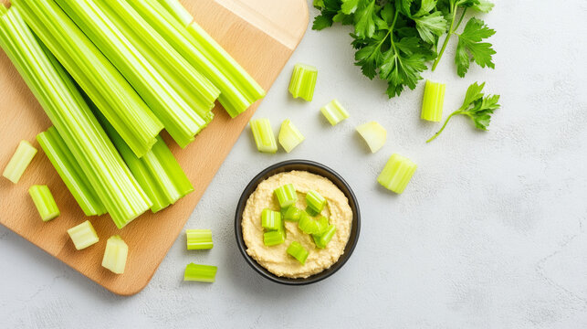 Fresh celery sticks and hummus snack with parsley leaves on cutting board