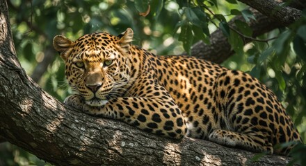 Leopard Resting on Tree Branch - Photo