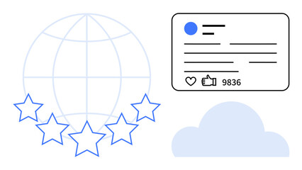 Globe with stars for global rating, social media card displaying thumbs ups and shares, cloud icon. Ideal for web presence, social engagement, global feedback, digital marketing, online reviews