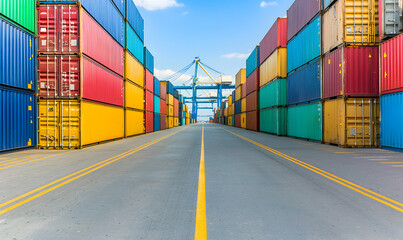 Colorful cargo containers stacked high, separated by a yellow-lined roadway under blue skies