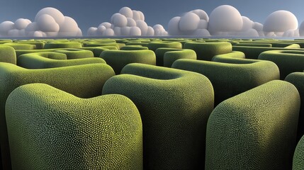 Obraz premium High-angle view of a lush green hedge maze under a bright sunny sky with puffy clouds - angle lush natural view
