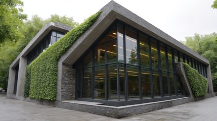 Modern glass building with lush greenery, sustainable architecture, urban oasis - building highrise cityscape