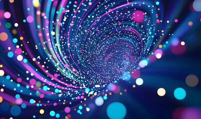 Colorful tunnel of swirling particles, bright bokeh spots, and curved light trails on a dark blue background