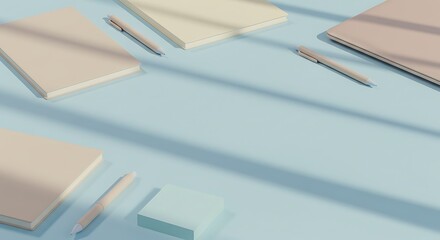 Minimalist student-themed background with scattered notebooks, pens, and a laptop on a pastel surface, soft shadows and clean layout — ideal for e-learning content.