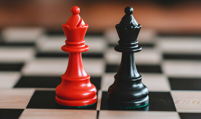 Contrasting chess queens, red and black, stand poised on a checkered board, focus sharp