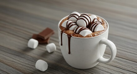 Perfect winter treat: rich hot chocolate with marshmallows and chocolate drizzle, styled on a distressed wooden table for lifestyle branding