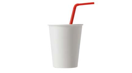 White paper cup with red straw isolated on transparent background, PNG file, white background, PNG format. 