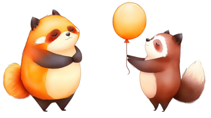Cute Cartoon Red Panda And Raccoon With Yellow Balloon Illustration