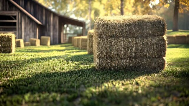 A serene rural scene featuring neatly stacked hay bales in a lush green field with a rustic barn in the background