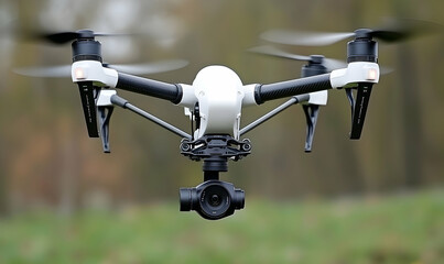 Drone in flight. White body, black arms, spinning propellers, and camera in focus against a soft nature background