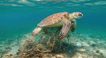 Fototapeta premium Sea Turtle entangled in plastic waste - Photo