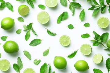 Fresh limes and mint sprigs on white background