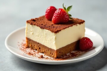 Single serving of tiramisu, showcasing texture and rich color , chocolate, sweets