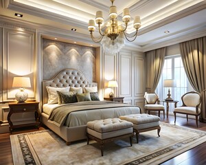 Fototapeta premium Elegant Bedroom Decor: A luxurious bedroom with elegant furniture, soft lighting, and sophisticated decor.