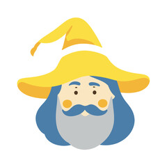 Cartoon Wizard Face Mascot Illustration with Pointy Hat and Long Magical Beard