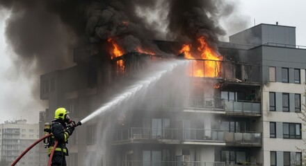 Obraz premium Firefighter battling a building fire - photo