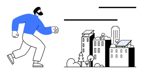 Man walking towards buildings with rooftop solar panels and trees, representing clean energy and urban sustainability. Ideal for renewable energy, green living, city planning, eco-friendly design