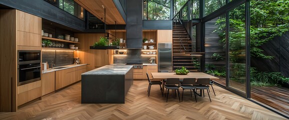 Obraz premium Modern kitchen with a natural vibe, featuring wood, island, large windows, and staircase to upper floor