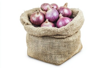 Fresh purple onions in a burlap sack