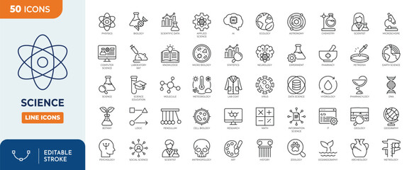 Science line editable icon set. Containing biology, laboratory, experiment, scientist, research, physics, chemistry and more. Editable stroke. Vector illustration
