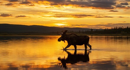 Moose in Water at Sunset (Photo)