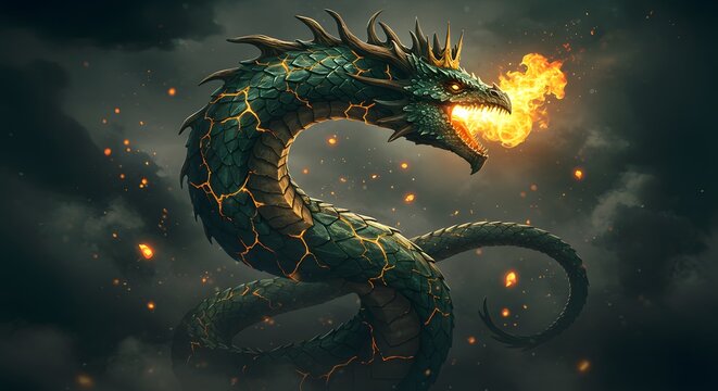 Green Dragon Wyrm Lindworm spit fire from his Mouth in Mist Background, Generated by Ai