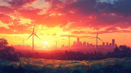 Sunset over a city skyline with wind turbines in the foreground and vibrant clouds