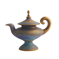 Antique Blue and Gold Ceramic Teapot on White Background