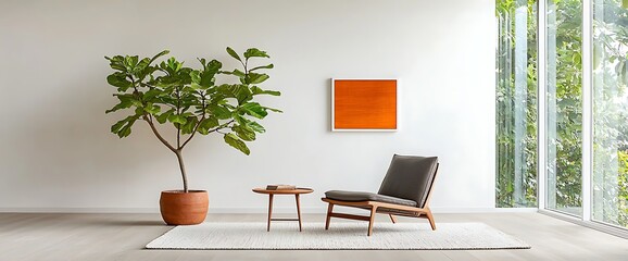Modern living room with plants, furniture, art, and a window view