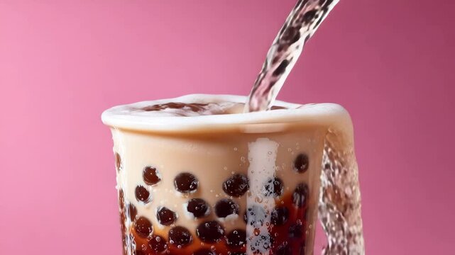 Close up view of boba tea being poured into a clear cup against a pink background. The liquid creates foam and bubbles. Dark tapioca pearls are visible at the bottom.