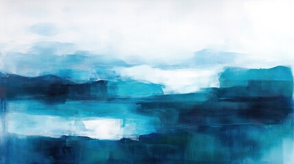 Fototapeta premium Abstract landscape painting of layered, muted blue tones.