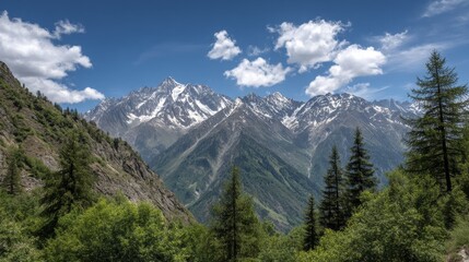Obraz premium Serene mountain scene, lush green meadows, snow-capped peaks - abstract background seamless