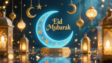 A radiant Eid Mubarak celebration featuring a large, glowing blue crescent moon adorned with golden stars and the text 'Eid Mubarak' in elegant calligraphy. Eid al Adha