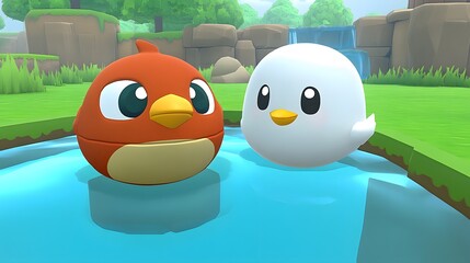 Two cartoon birds floating in a pool