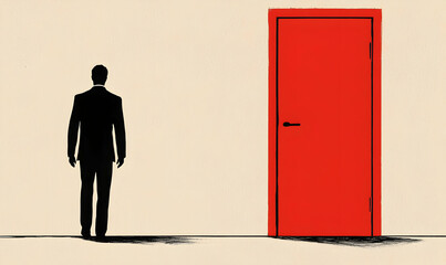 Fototapeta premium Man in black stands before a striking red door, hinting at potential opportunity and new beginnings