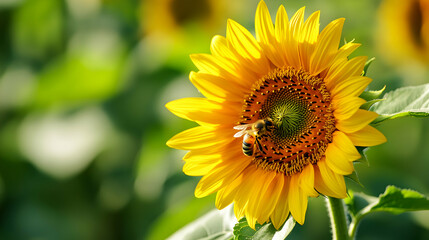 Fototapeta premium Sunflower and Bee Pollinating Blossom in Field Sunny Garden Vibrant Yellow Floral Bloom