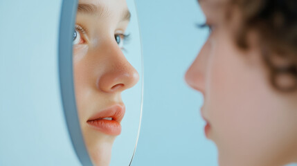 Fototapeta premium Contemplative reflection of anxiety and depression in personal mirror portrait
