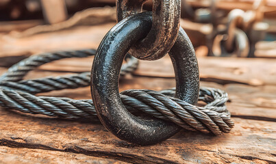 Metal ring and intertwined wire on rustic wood shows industrial connection. Detailed texture in focus