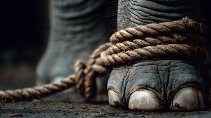 Elephant Foot Tied with Rope Symbolizing Captivity