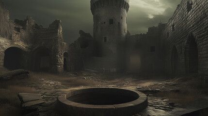 Desolate Echoes: A Crumbling Medieval Fortress Under a Gloom-laden Sky, Capturing the Weight of Centuries Past, a Remnant of a Bygone Era,  Its Stone Walls Whispering Tales of Forgotten Glory, Now