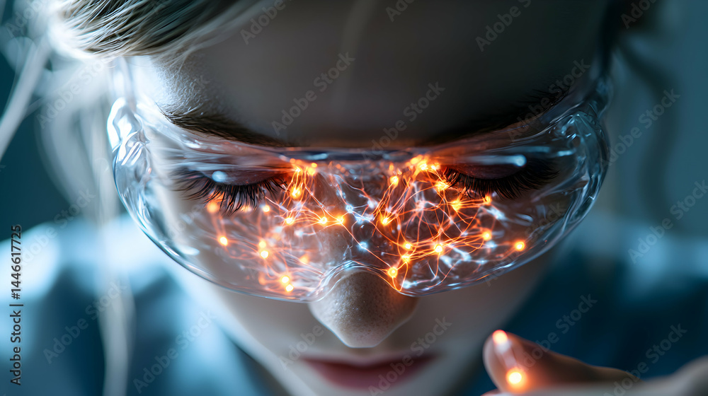 Poster a person wearing high-tech glasses sees illuminated networks. this could represent data analysis or 