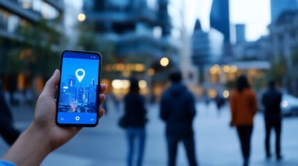 Fototapeta premium Navigation app in a modern urban setting offers guidance and information