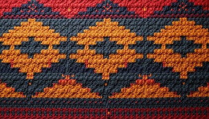 Obraz premium Intricate woven textile with bold zigzags & dashes, earthy tones, orange, pattern