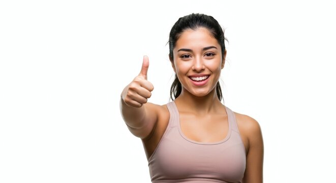 Smiling woman in sports bra giving a thumbs up on a white background looking at the viewer
